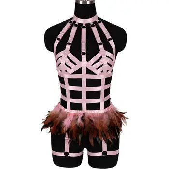 

Cute Pink Lingerie Feather Skirt Harness Bra Tops Cage Hollow Out Bodysuit Belt Garter Stockings Festival Party Elastic Adjust