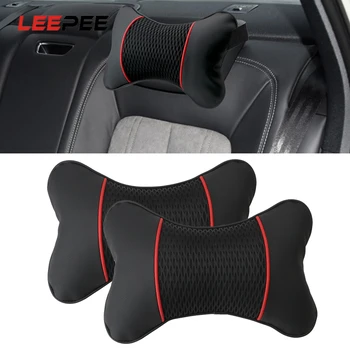 

LEEPEE 2Pcs PU Leather Knitted Car Headrest Neck Pillow Travel Neck Cushion Auto Accessories Interior Support Seat Accessories
