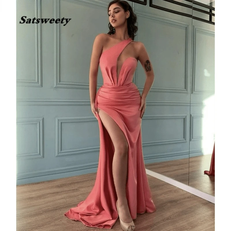 

Pink Prom Dresses One Shoulder Spandex Satin Pleated Side Slit Mermaid Prom Dresses With Zipper Back vestidos de fiesta de noche