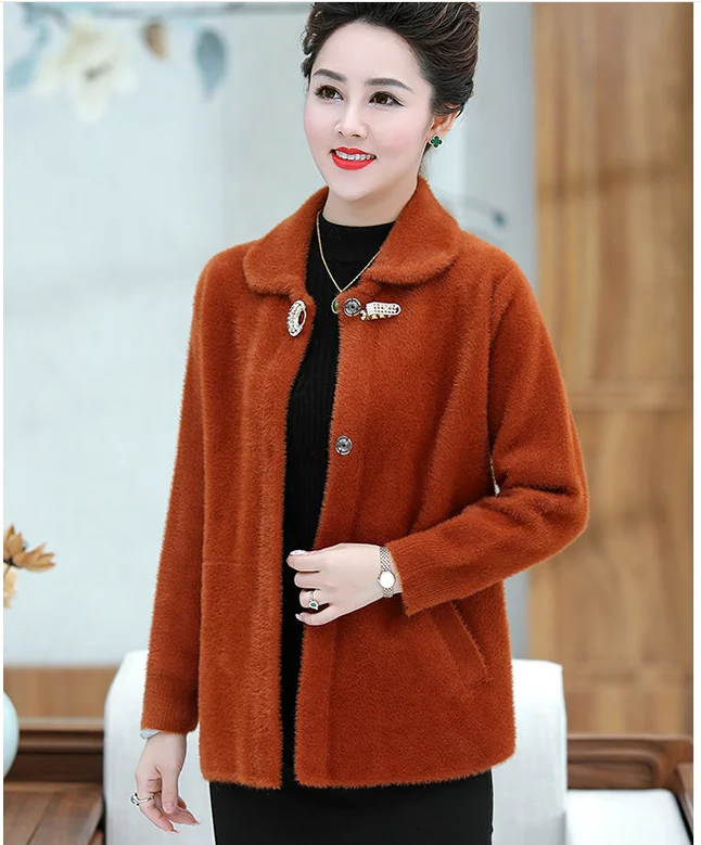 Autumn And Winter New Middle-Aged Women Mink Cashmere Sweater Coat Plus Size Thick Warm Knit Cardigan Sweater F562