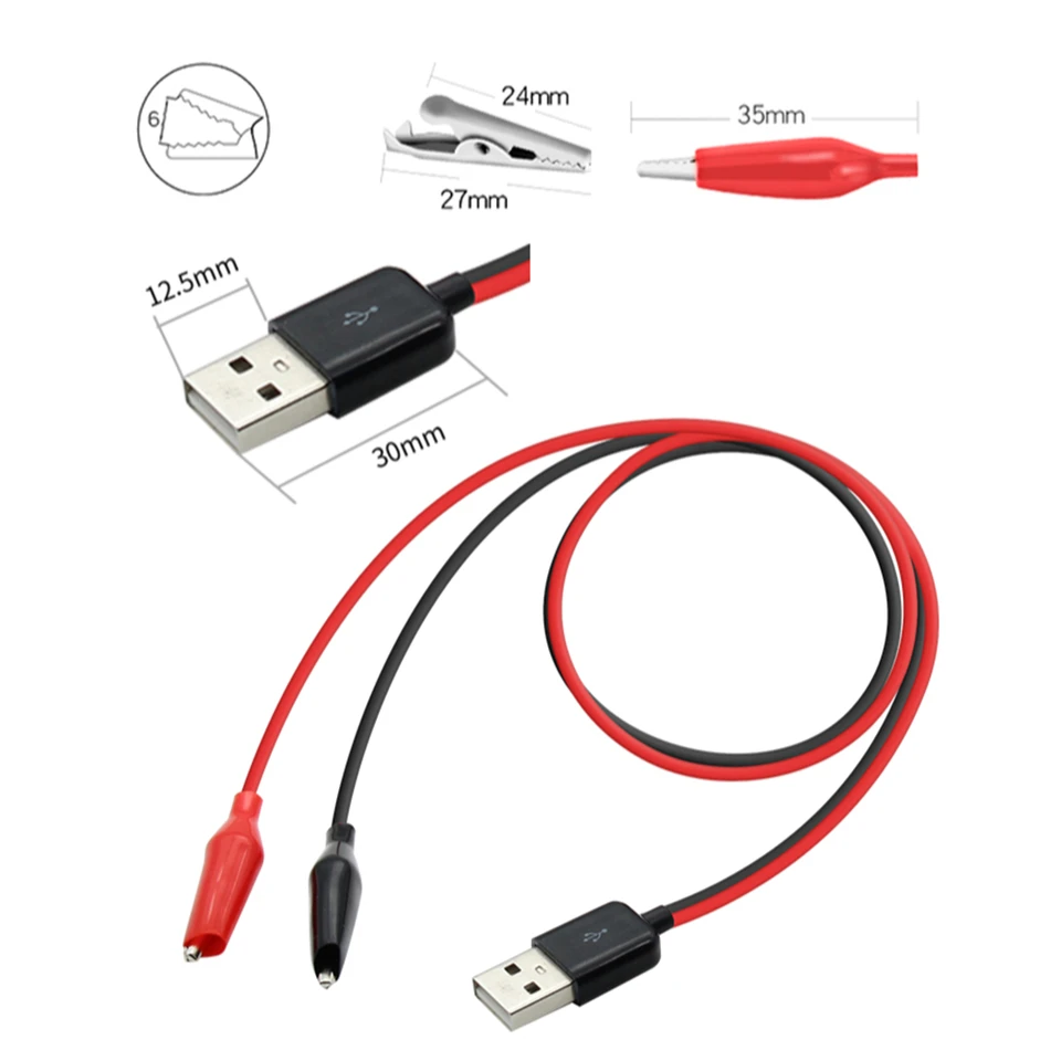 Cavo Con Morsetti A Coccodrillo E Spina USB, 55 Cm, Per Test Elettrici, Multimetro E Alimentatori, Rosso E Nero