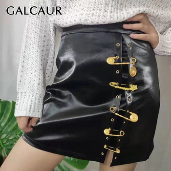 

GALCAUR PU Leather Patchwork Pin Womens Skirts High Waist Hollow Out Plus Size Mini A-line Mini Skirt Female 2020 Autumn Fashion