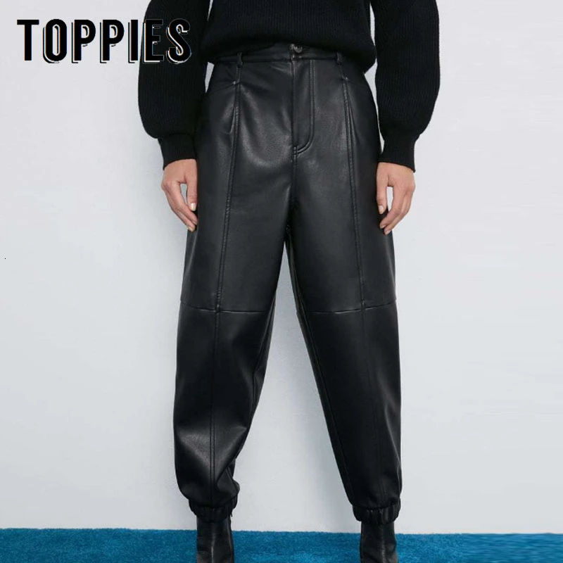

Faux Leather Pants 2019 Autumn Winter Black Pu Harem Pants High Waist Woman Trousers pantalones mujer