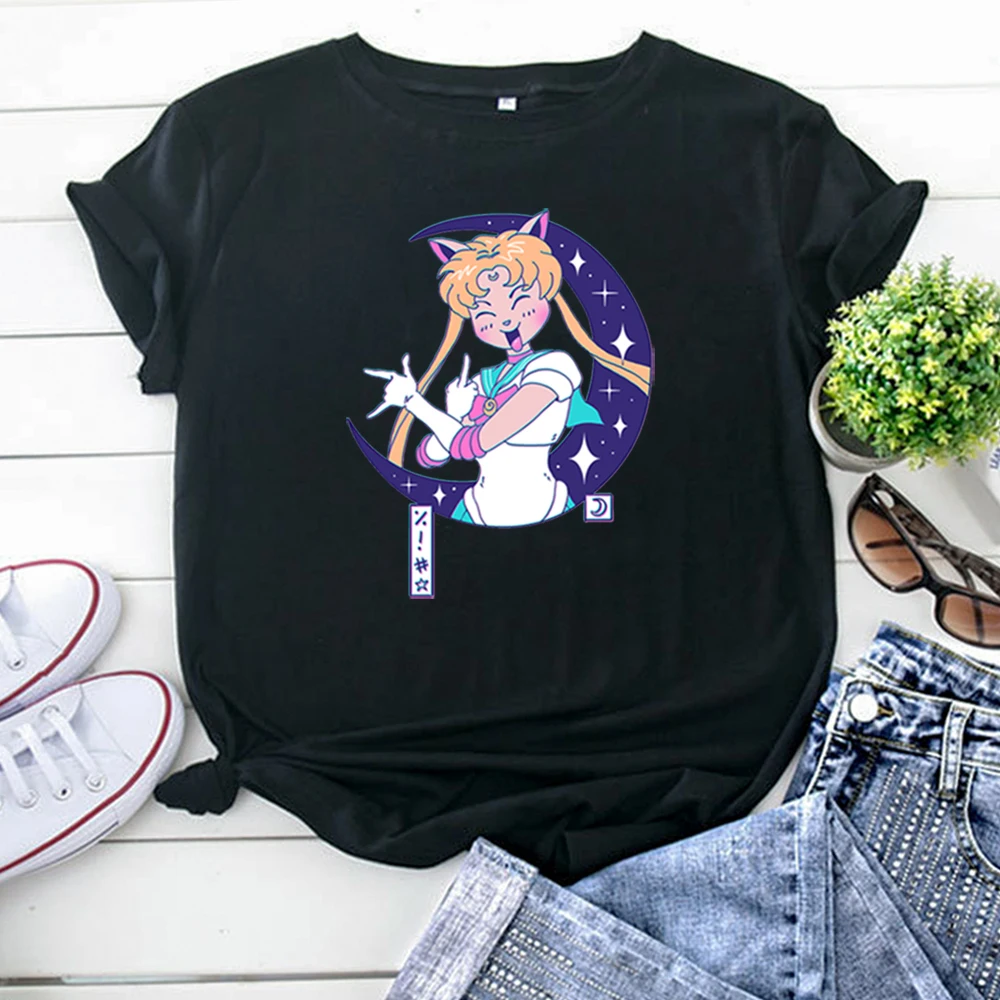 Funny Sailor Moon Women T-Shirt Costume Super Cute Girly Woman T Shirt Kawaii Vintage Tshirts Womens Gothic Crewneck Tee Tops
