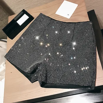 

LANMREM 2020 Sexy Shorts Spring Women's New Heavy Industry Hot Drilling Diamond High Waist Wide Leg Shiny Shorts PC292