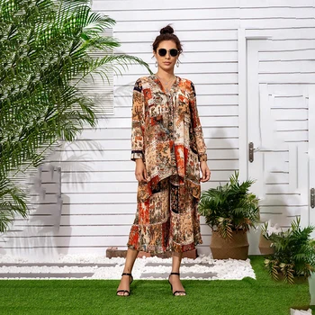 

[EWQ] 2020 Spring Summer New Pattern Lapel Long Sleeve Print Shirt And Elastic Pants Bohemian Two Piece Set Women 3AJ68701