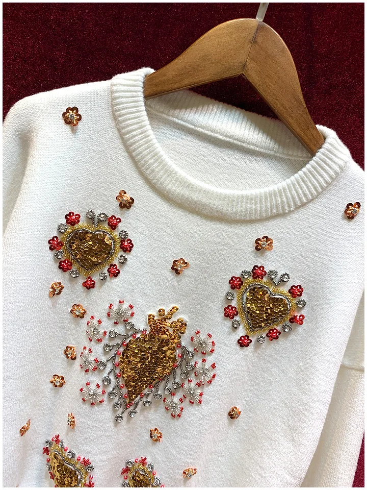 Svoryxiu Роскошные Подиумные зимние вязаные пуловеры Женская мода бисер блестки в форме сердца свободный белый шерстяной смешанный свитер