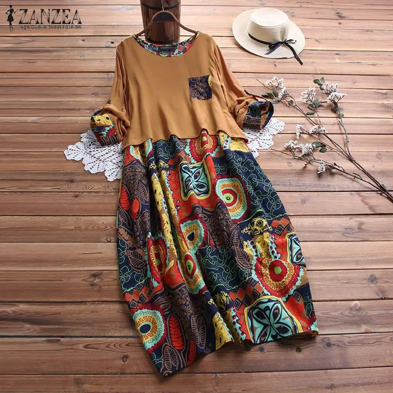 ZANZEA винтажное длинное платье макси с принтом Vestidos женское хлопковое льняное платье из 2 предметов повседневное мешковатое платье с карманами Vestido высококачественное Платье с принтом
