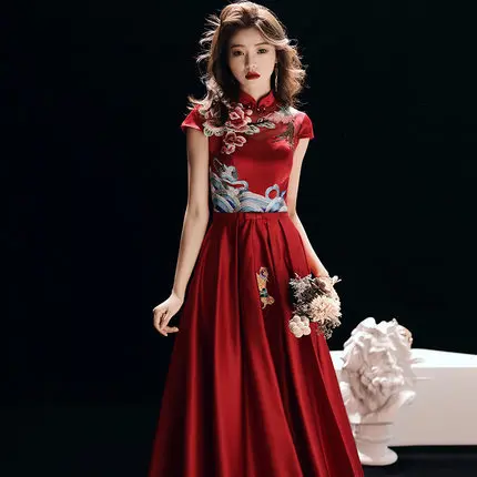 

Dress for Toast Bride 2019 New Style Red, Long Chinese Style Retro Slim Fit Marriage Cheongsam Huimen Evening Dress Women's
