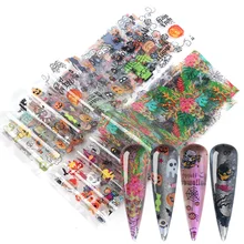 10 шт. наклейки для ногтей на Хэллоуин, фольга, Череп, кость, тыква, наклейки для ногтей, Переводные татуировки, фольга s, сделай сам, маникюрный декор, обертывания JI2002