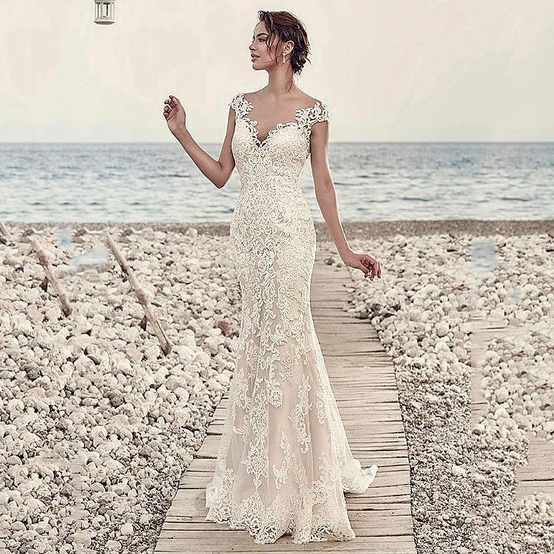 Mermaid Wedding Dresses Sexy V-neck Backless Tulle Appliques Lace Princess Boho Wedding Gowns vestidos de novia Sweep Train