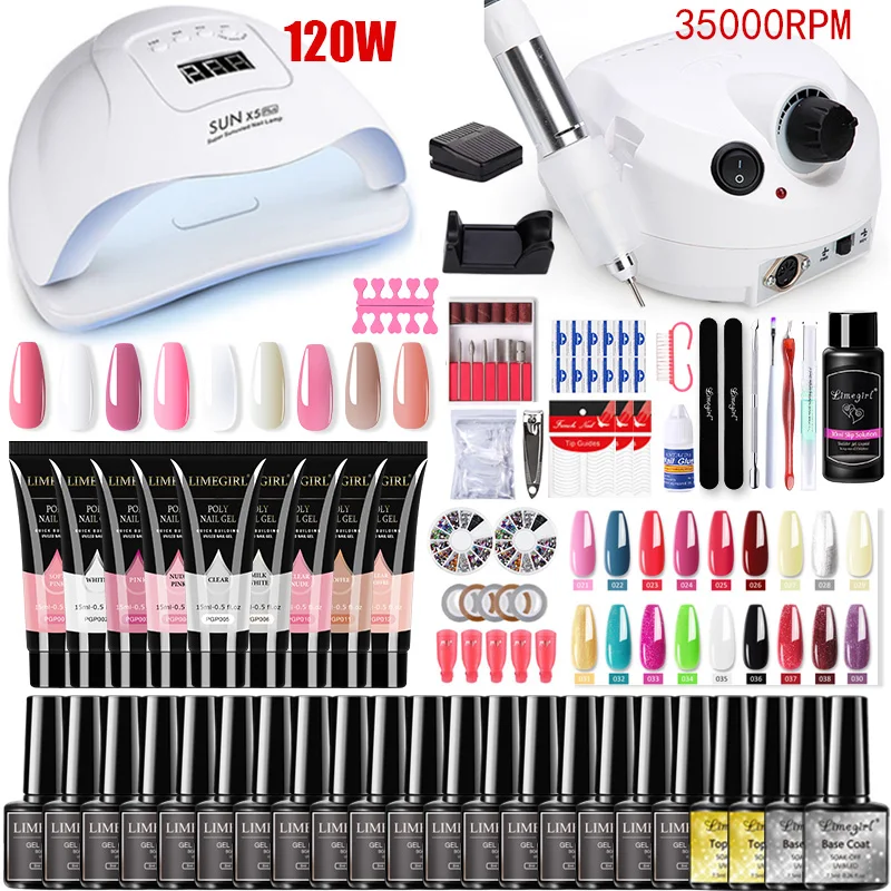 Equipo de manicura para extensión de uñas, conjunto que incluye lámpara LED 120 W/54 W, esmaltes, geles y Polygeles para creación rápida