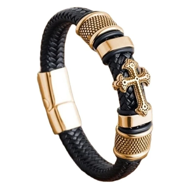 Classic Black Leather Wrap Bracelet for Men Metal Magnetic Clasp Fashion Bangle Bracelet Birthday Gift A11030-Gold-23cm