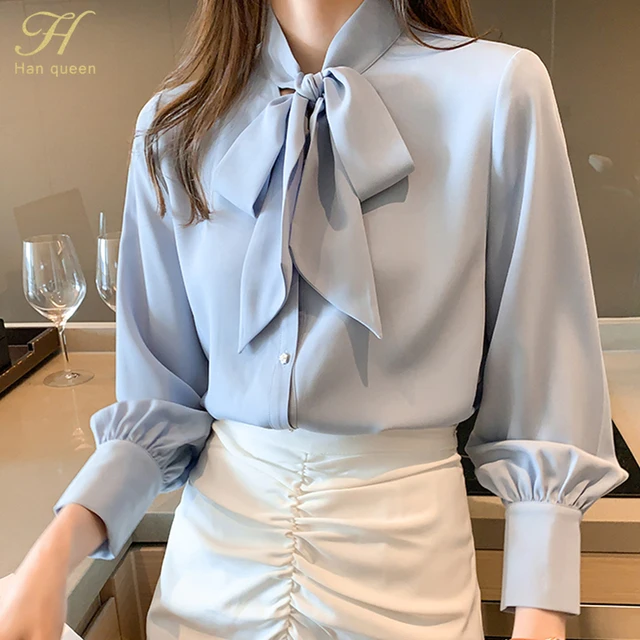 Damen Bluse Vintage Arbeit Casual Tops Chiffon Bluse Schleife Elegant Lose Damen Business Shirts 1