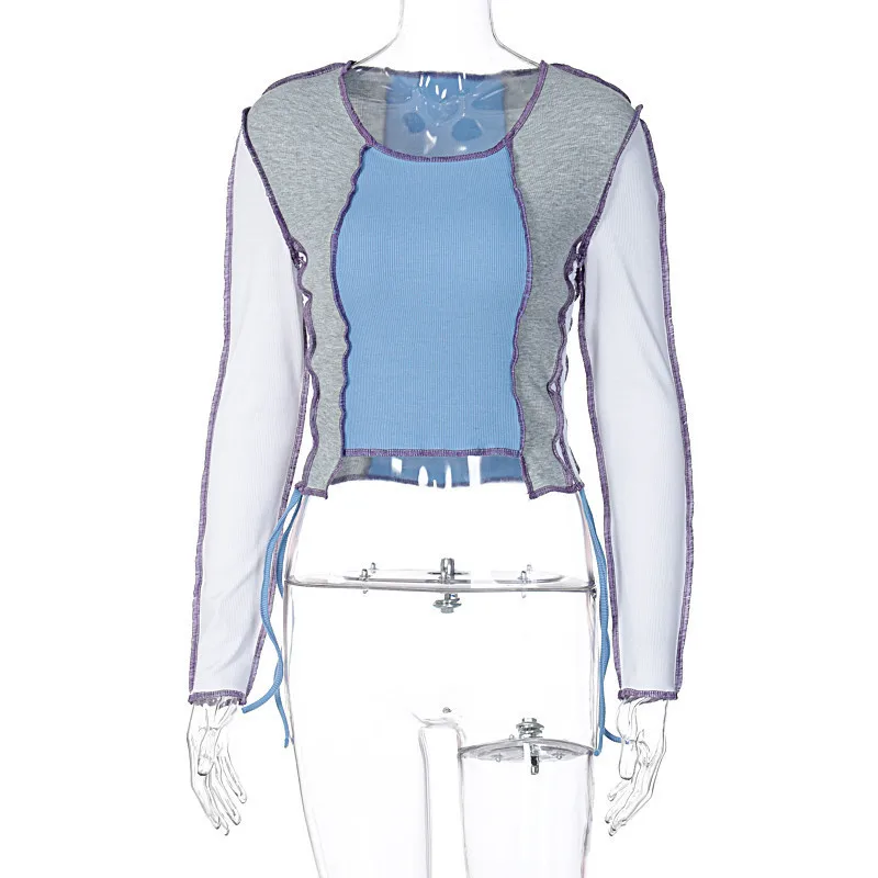 Women's Reverse Sewing Color Block Crop Top High Street Long Sleeve Round Neck Tie Short T-shirt Slim Sexy Navel Pullover