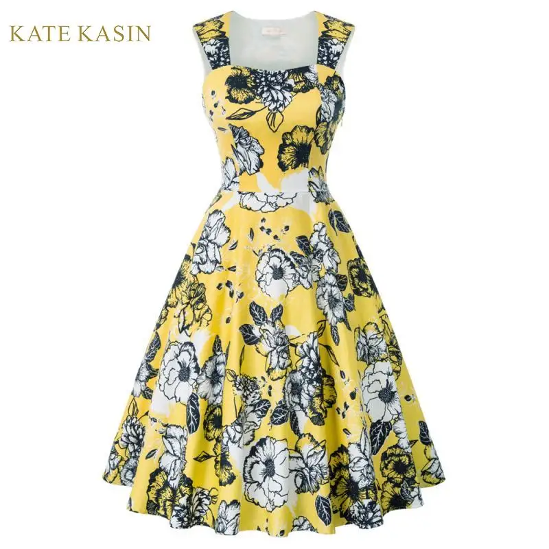 

Kate Kasin Women's Cotton Dresses Vintage Sleeveless Square Neck Print Flared A-Line Dress Pleated Midi Party Swing Dress Mujer
