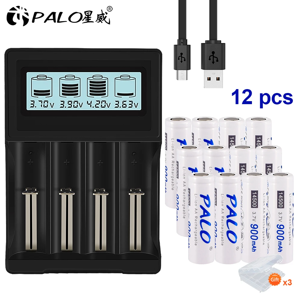 PALO 3.7V 18650 battery charger for 18650 26650 16340 14500 lithium battery+14500 AA Li-Ion Rechargeable Battery - Цвет: 12pcs and charger