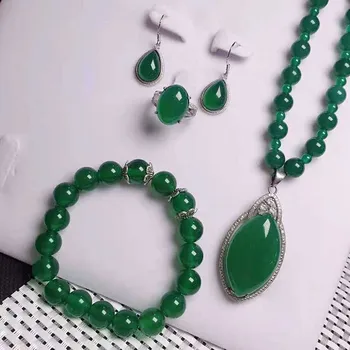 

Natural ice green agate jade bracelet pendant ring earrings four piece suit