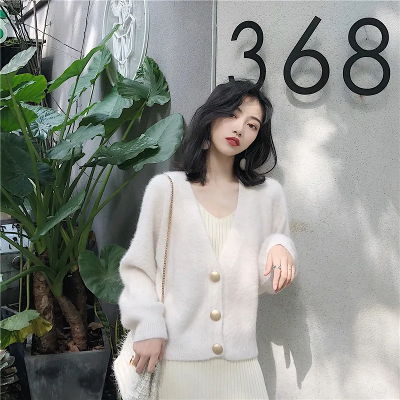 Alien Kitty Retro Mink-velvet Winter All-Match Chic Sweet V-Neck Vintage Brief Solid Warm Soft Knitted Cardigans Sweaters