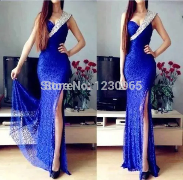 

Elegant One Shoulder Leg Slit Floor Length royal Blue Lace Prom Beaded Formal Evening Party Gown mother of the bride dresses