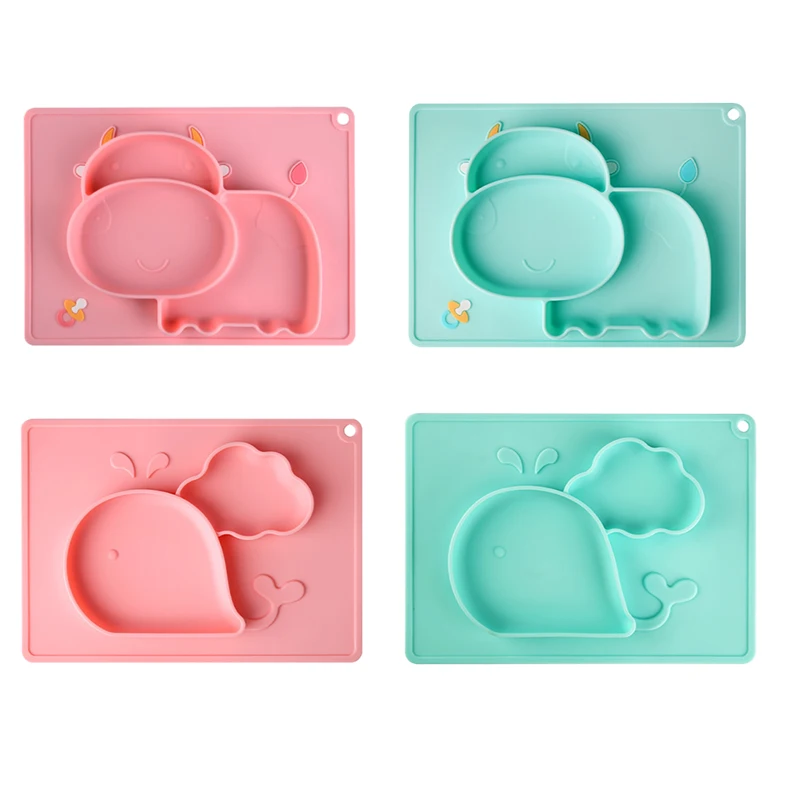 

Food Grade Silicone Baby Dishes Meal Plate Meal Mat Integrated Design Creative Grid Bowl Infant Children Cartoon Cow Dishes