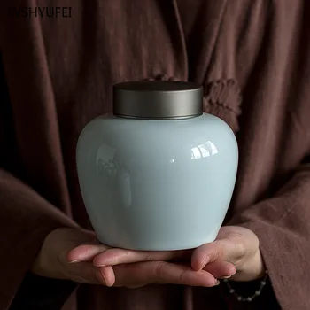 

Direct selling new classic celadon metal cover biscuit candy nut coffee bean tea seal moisture storage decorative container
