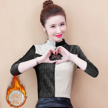 

COIGARSAM Full Sleeve blouse women Panelled Upset Add Wool Turtleneck blusas womens tops and blouses Brown Black 545