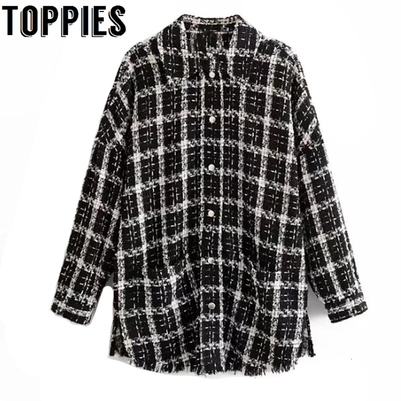 Greatest  Autumn Winter Lattice Jacket Coat Twill Tweed Oversized Long Jacket Windbreaker Women Button Coat