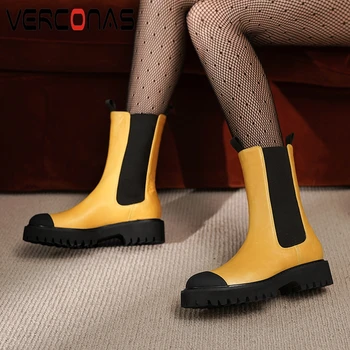 

VERCONAS Woman Mid-Calf Boots Genuine Leather Handmade Autumn Winter Warm Boots Platforms Round Toe High Heels Boots Woman 2020
