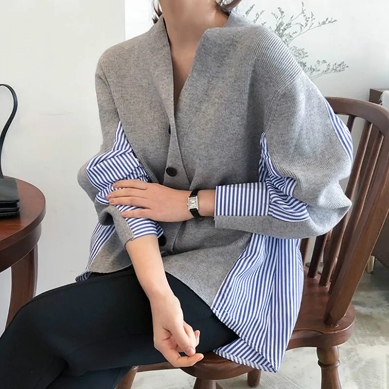 

New 2020 Spring Autumn Women's Sweaters Patchwork Srtiped Knitting V-Neck Female Cardigans Casual Single Breasted Loose Tops