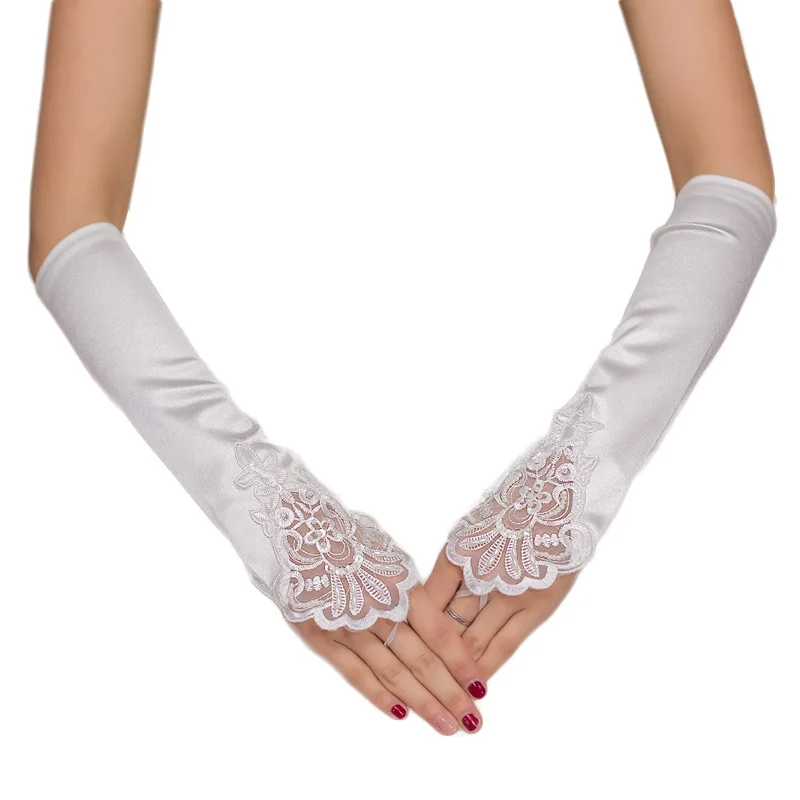 

Elegant Beaded Satin 30cm Bridal Gloves 2021 Fingerless Wedding Gloves White Ivory Wedding Accessories Veu De Noiva