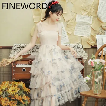

FINEWORDS Sexy Summer Beach Floral Spaghetti Strap Long Dress Irregular Cake Chiffon Dress Elegant Party Printed Fairy Dresses