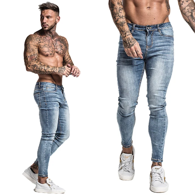 GINGTTO Jeans Men Elastic Waist Skinny Jeans Men 2020 Stretch Ripped Pants Streetwear Mens Denim Jeans Blue faded blue zm46
