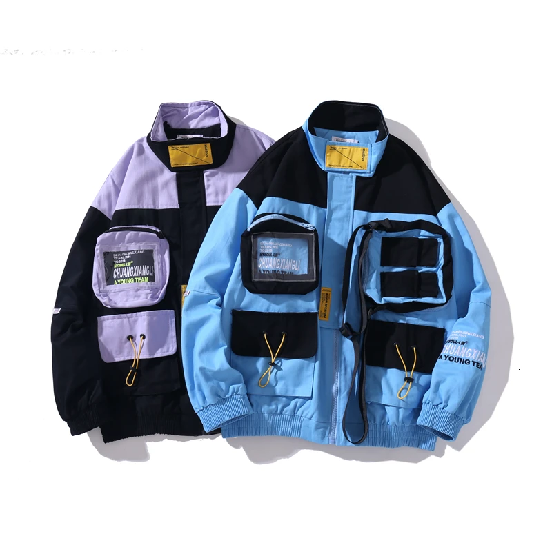 

YUECHEN Autumn And Winter New Men's Multi-pocket Decoration Multi-color Stitching Zipper Thickening Jacket Cotton