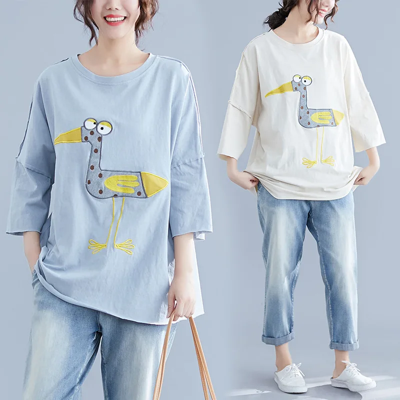 2019 Summer Wear New Style Korean-style Literature And Art Printed Three-quarter Sleeve T-shirt Fat Mm Slimming Comfortable Crew 2019 Summer Wear New Style Korean-style Literature And Art Printed Three-quarter Sleeve T-shirt Fat Mm Slimming Comfortable Crew