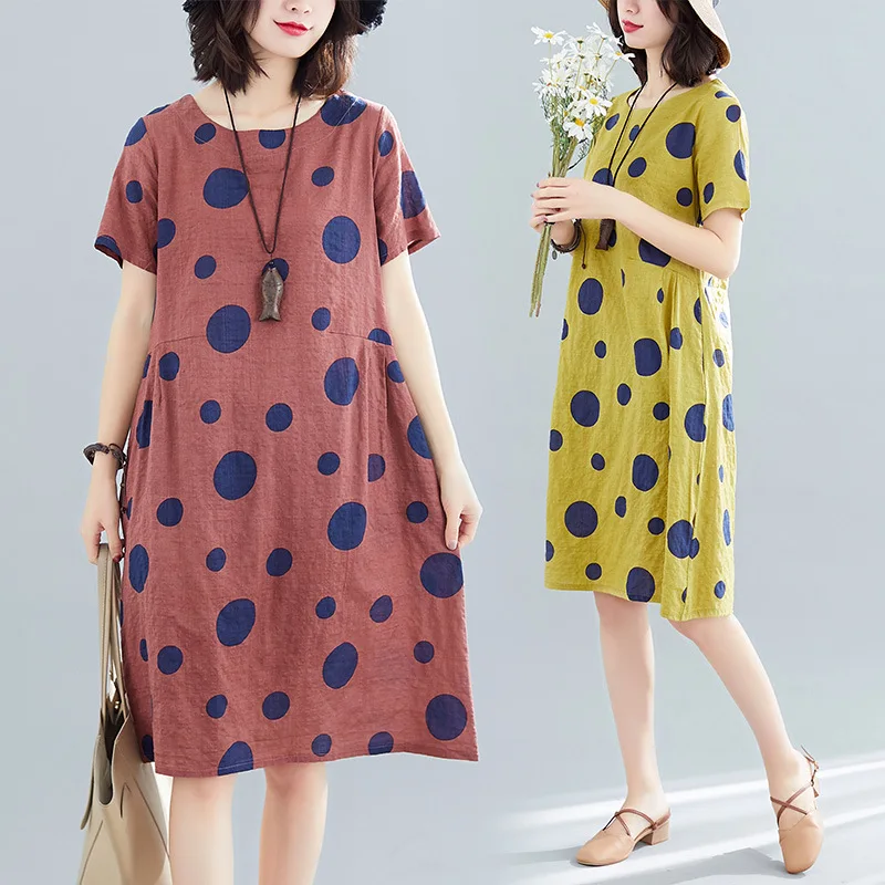 

2019 New Style Cotton Linen Literature And Art Retro Loose-Fit Slimming Short-sleeve Dress Mid-length