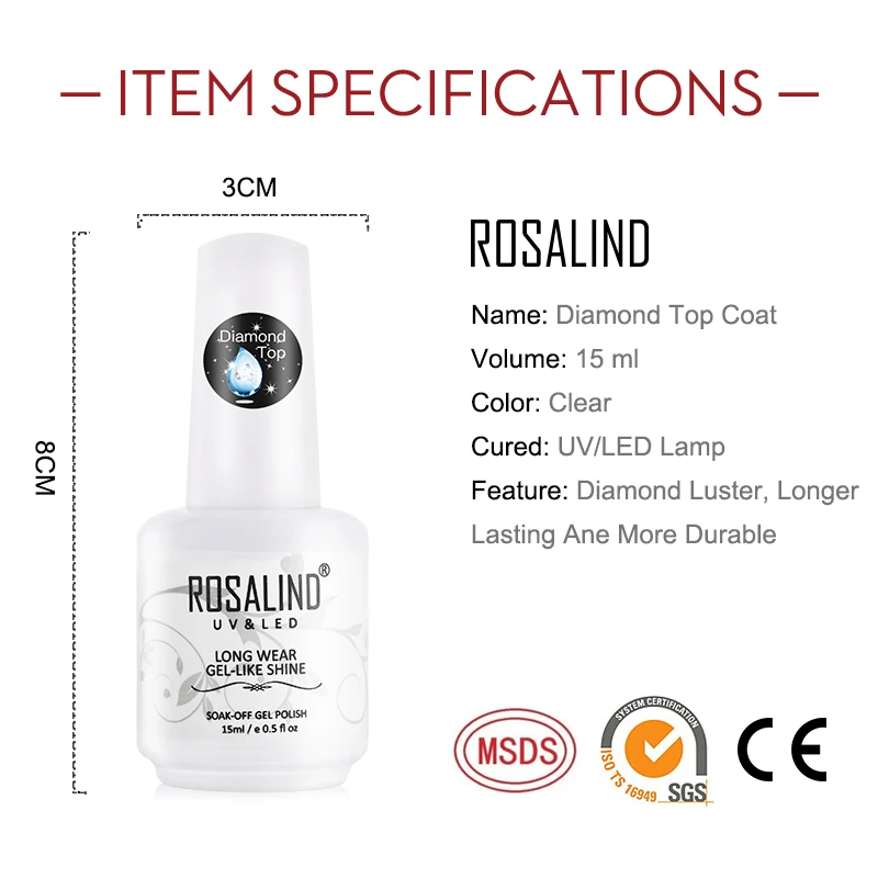 ROSALIND Top Coat Gel Nail Polish Diamond Transparent Soak Off UV Primer Gel Vernis 15ml Long Lasting Gel Lacquer Art Manicure 6
