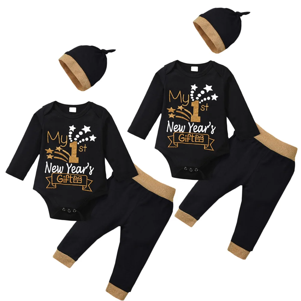 Комплекты из 3 предметов для новорожденных мальчиков и девочек на 1 год, Подарочная одежда, комбинезон с буквенным принтом, топы, длинные штаны, шляпа, наряды, хлопок, осень