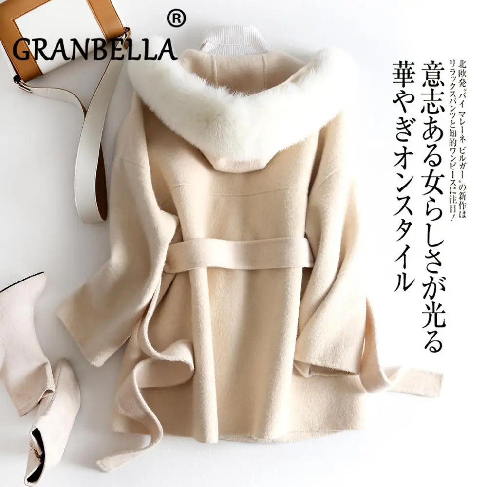 

2019 Karajuku Style Women Winter Hooded Coat Real Natural Fox Fur Collar Jacket Cashmere Wool Overcoat Ladies Casual Outerwear