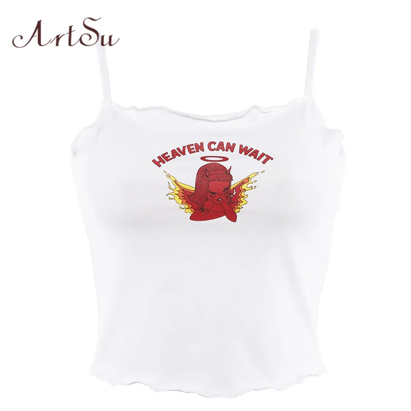 ArtSu женский белый сексуальный укороченный топ с принтом демона Camis Летние повседневные топы с открытыми плечами Cami укороченные Harajuku уличная ASVE20503
