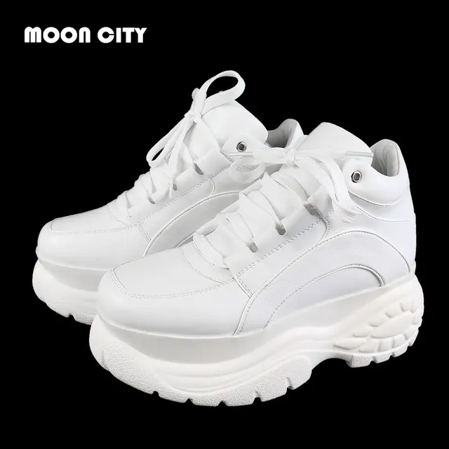 US $25.80 2020 White Fashion Women Platform Sneakers Leather Causal Ladies Chunky Sneakers Woman High PU Blac