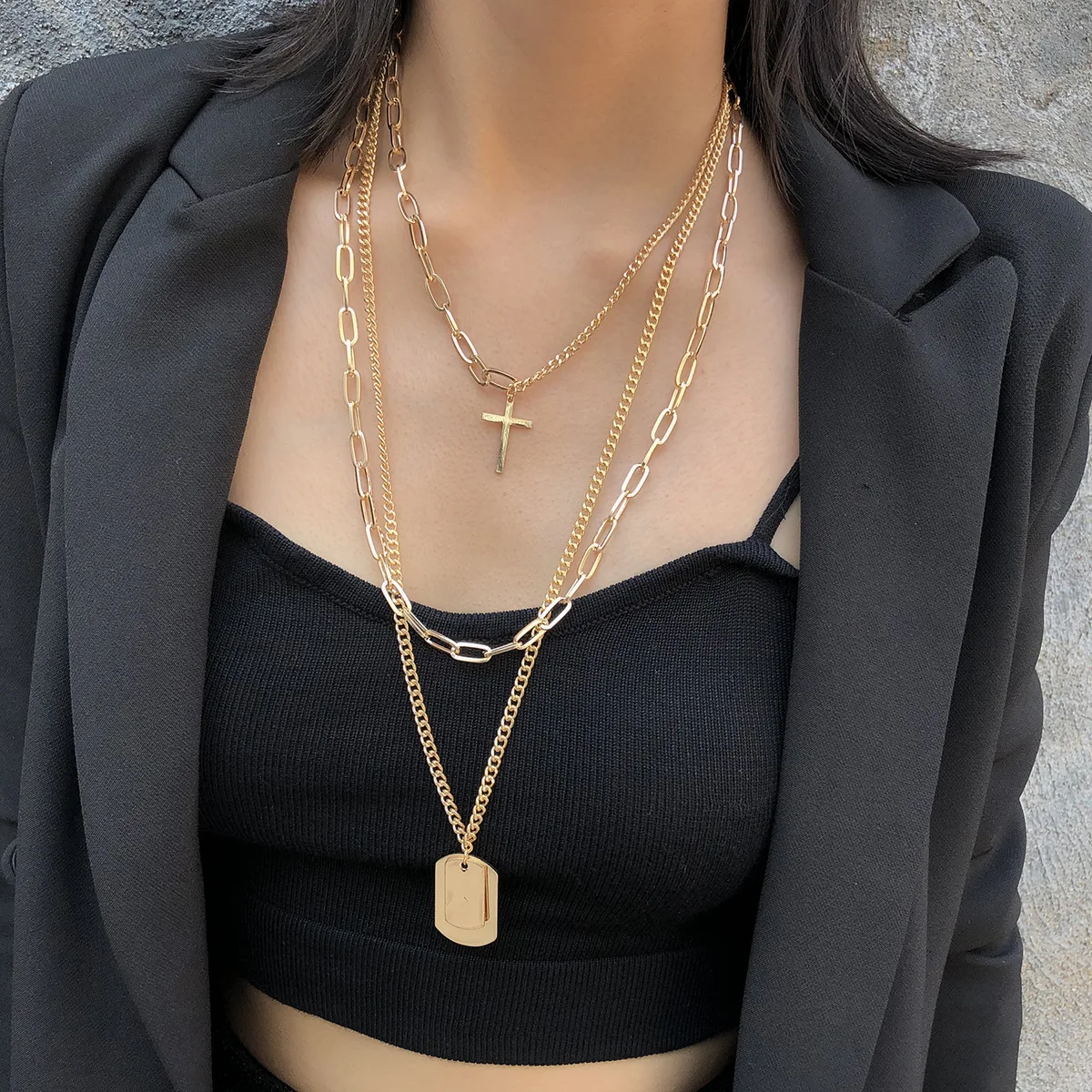 

Europe And America Accessories Cool Geometry Multilayer Chain Necklace Creative Mix And Match off Tag Cross Necklace Women's