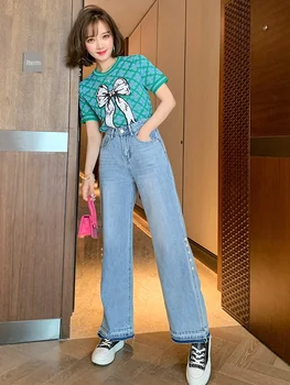 

Trendy Beaded Sequined Contrasting Jacquard Knitted Top + Micro-Horn Jeans Suit, Female Fashion Summer New Style