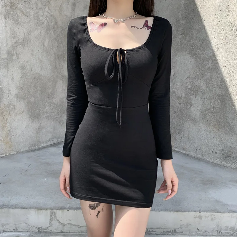 InsGoth Vintage Sexy Black Gothic Dress Women Autumn Long Sleeve Mini Dress Harajuku Skinny Hollow Out High Waist Bandage Dress