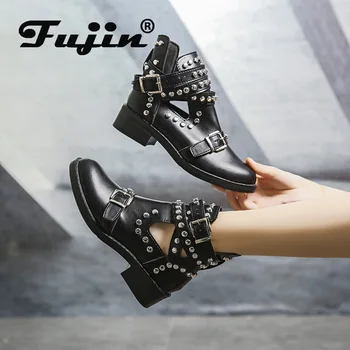 

Fujin Motorcycle Women Boots High Quality Leather Rivet Pump Square Flat Boots Heels Ankle Booties Shoes Punk