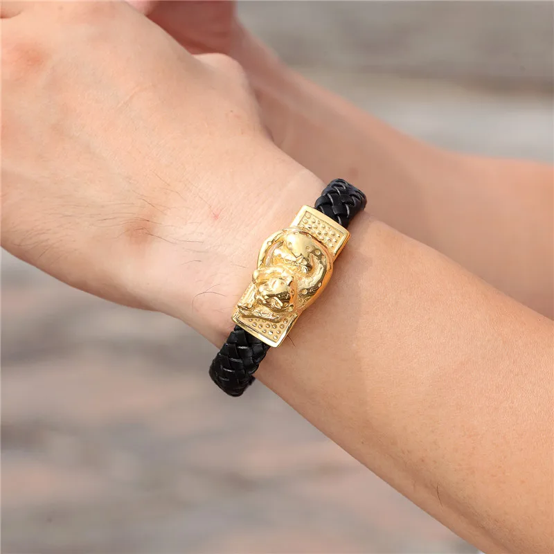 MKENDN Punk Style Design Gold Fish Bones Genuine Leather Bracelet for Men Stainless Steel Magnetic Button Gift Male Bracelets