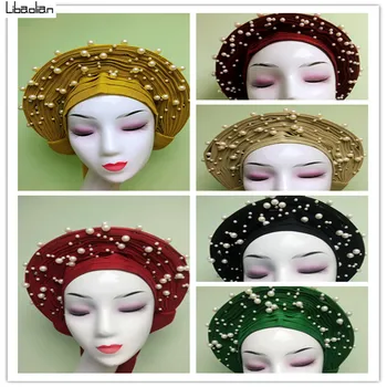 

Beautiful African Auto Gele Already Made Aso Oke Headtie Ladies Hat With Many Pearls For Wedding And Party 12colors M99-24
