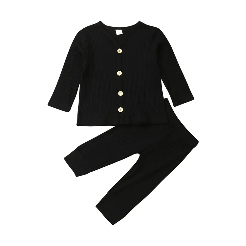 Коллекция года, весенне-осенняя одежда для малышей Вязаный топ с длинными рукавами для новорожденных девочек и мальчиков+ штаны-леггинсы комплект из 2 предметов однотонная одежда в рубчик - Цвет: Черный