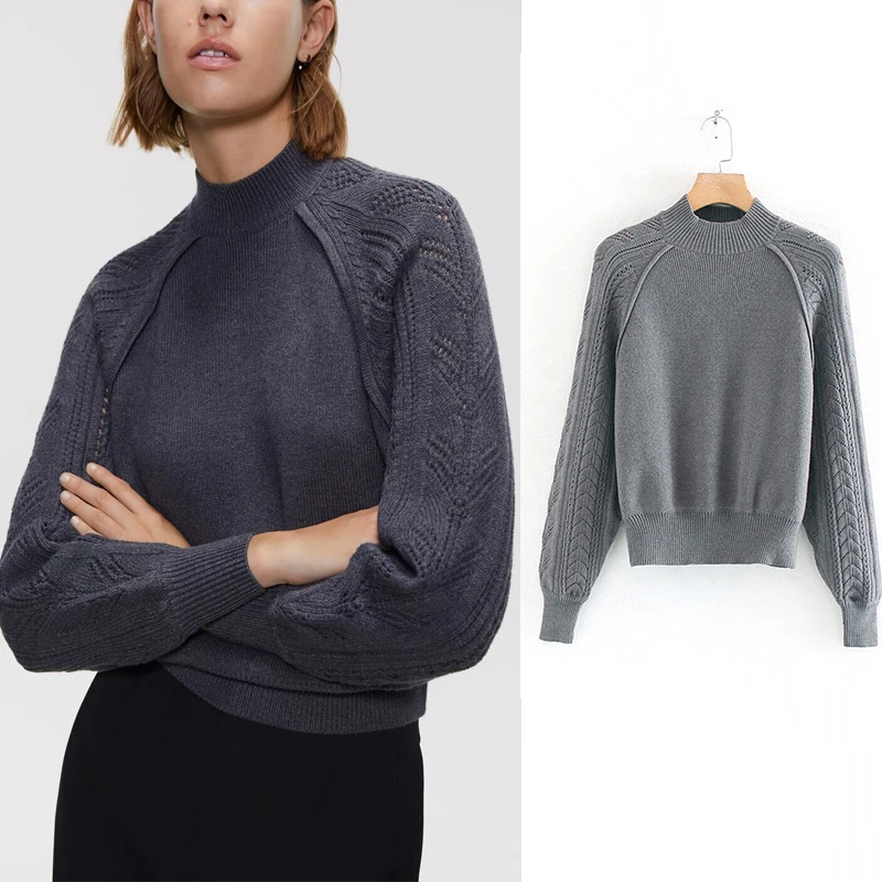 

2019 winter women sweater openwork sleeve sweater O Neck vintage basic Knitted Sweater jersey sleeve puff Pullovers Tops