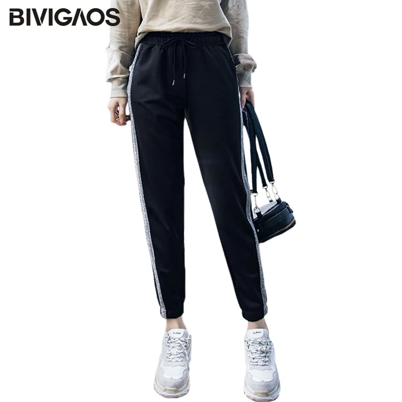 

BIVIGAOS Fashion Side Stripe Sports Pants Women's Sweatpants Spring Autumn Loose Drawstring Casual Pants Trend Black Harem Pants